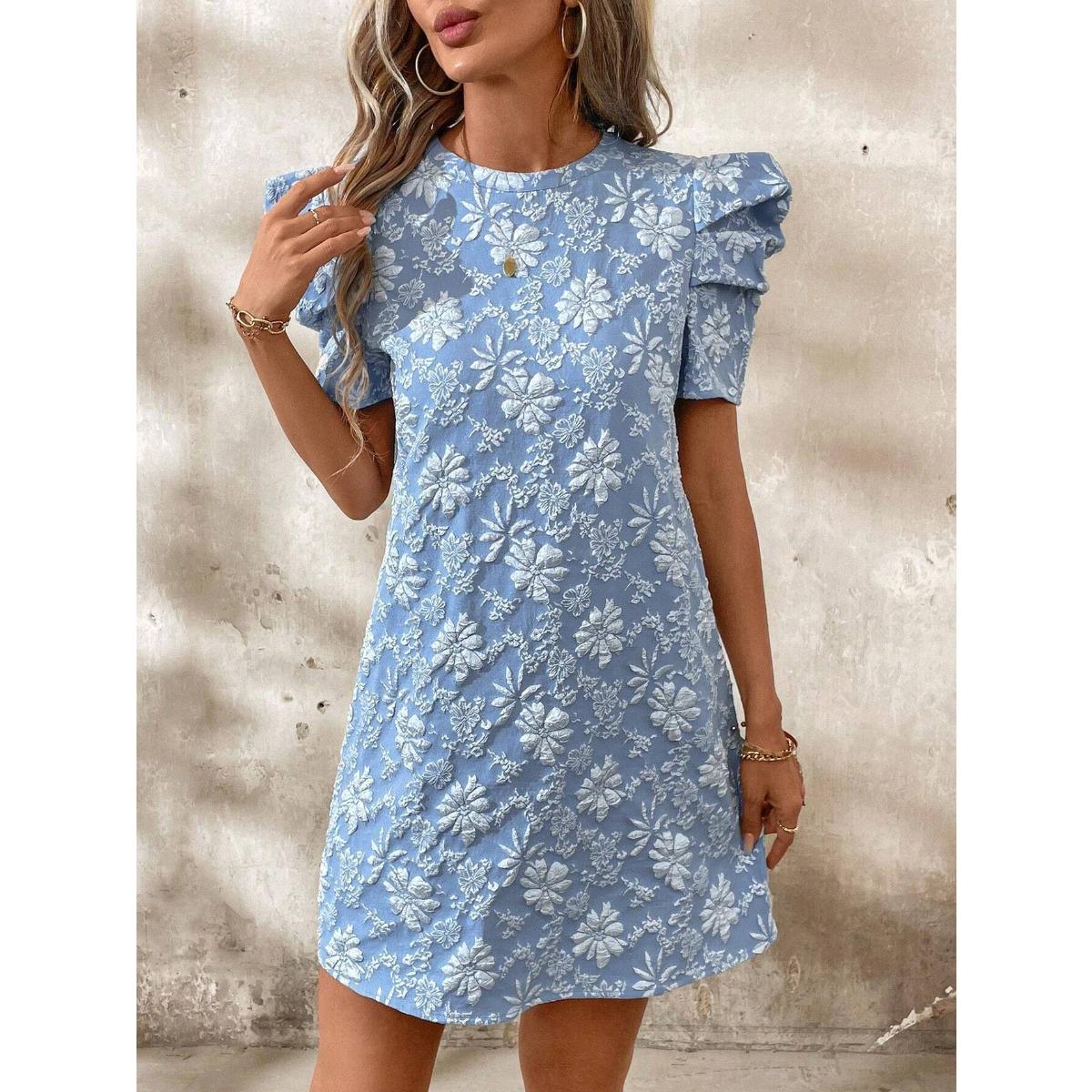 Women s Crew Neck Short Sleeve Mini Dress Loose Fit Mid Rise Elegant 3D Floral Jacquard Shift Dress S синий
