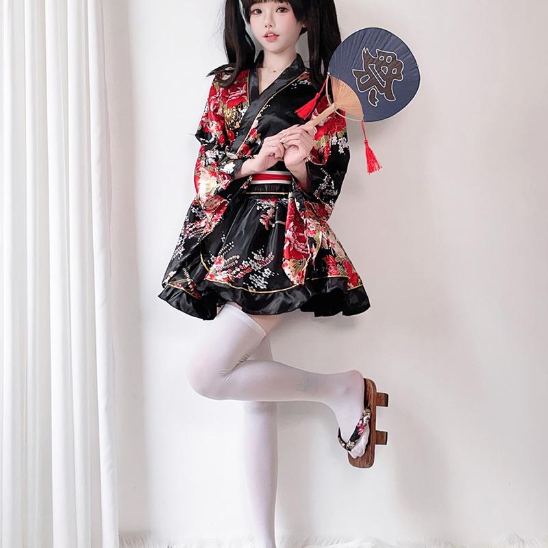 Japanese Yukata Robes Kawaii Girls Floral Printed Haori Suit Lovely Lolita Dress Women Maid Cosplay Costume Halloween
