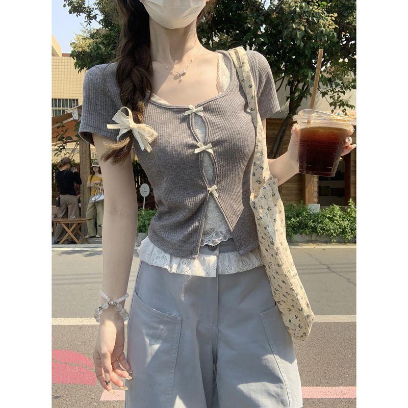 Kumikumi Sweet Style Bow Lace Stitching Short sleeve T-shirt Women Summer Niche Age-Reducing Fake Two Pieces Top