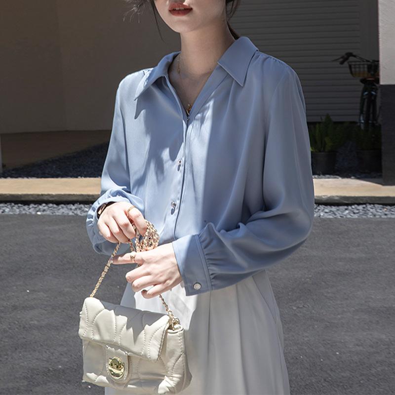 

Белая рубашка, женские блузки и рубашки с длинным рукавом, весенний наряд OL Professional Commuting French Pleated V-образный вырез, элегантный топ 2XL сине серый