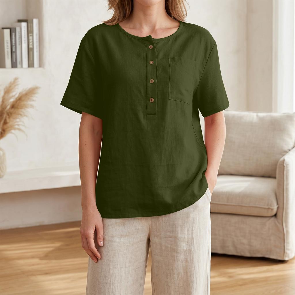 Women Henley Neck Button Down Short Sleeve Shirt Casual Linen Cotton Top with Chest Pocket for Daily Wear