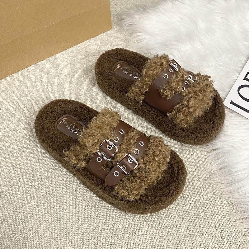 

Женские пушистые тапочки на толстой подошве, новинка осени и зимы 2025, модные тапочки премиум-класса с пряжкой на ремешке, нескользящие хлопковые тапочки-моп для интернет-звезд 40 хаки