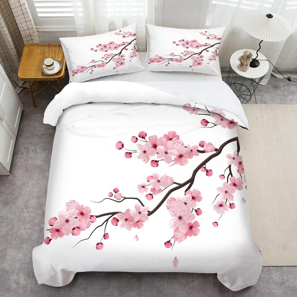 Comforter Japanese Pink Cherry Blossoms 3D Printed Set Fashion Art Exquisite Bedding Set Home Textiles S
