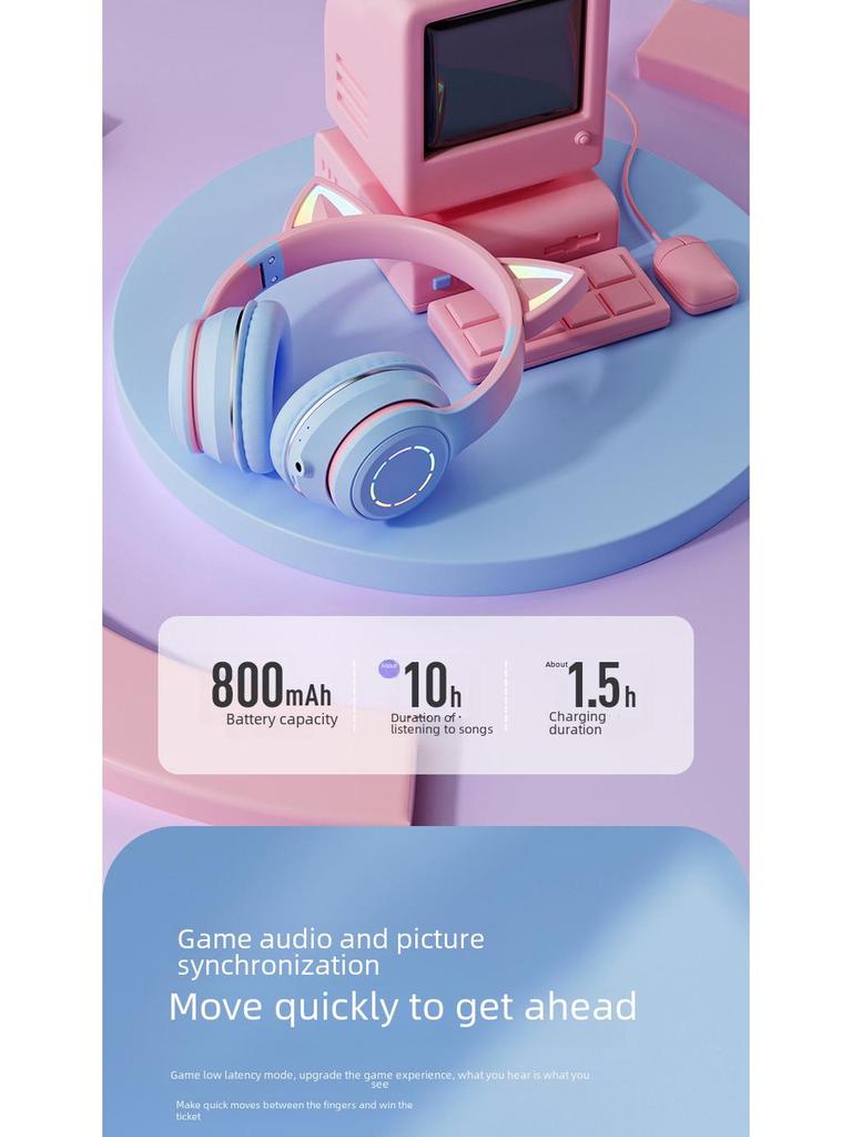 Világító színátmenetes macskafüles Bluetooth fejhallgató online órákhoz és játékhoz - univerzális ajándék kiadás