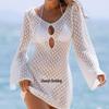 European & American V-Neck Long-Sleeve Hollow Texture Holiday Dress with Backless Design