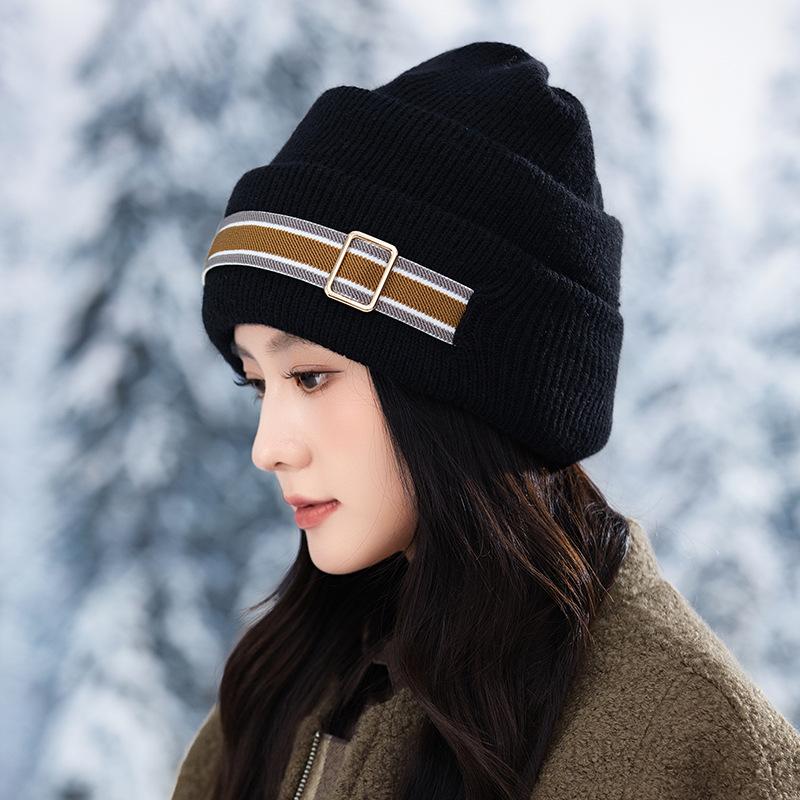 Winter Striped Buckle Hat Women's Simple Outdoor Casual Plush Hat Warm Plush Thickened Cold-proof Knitted Hat