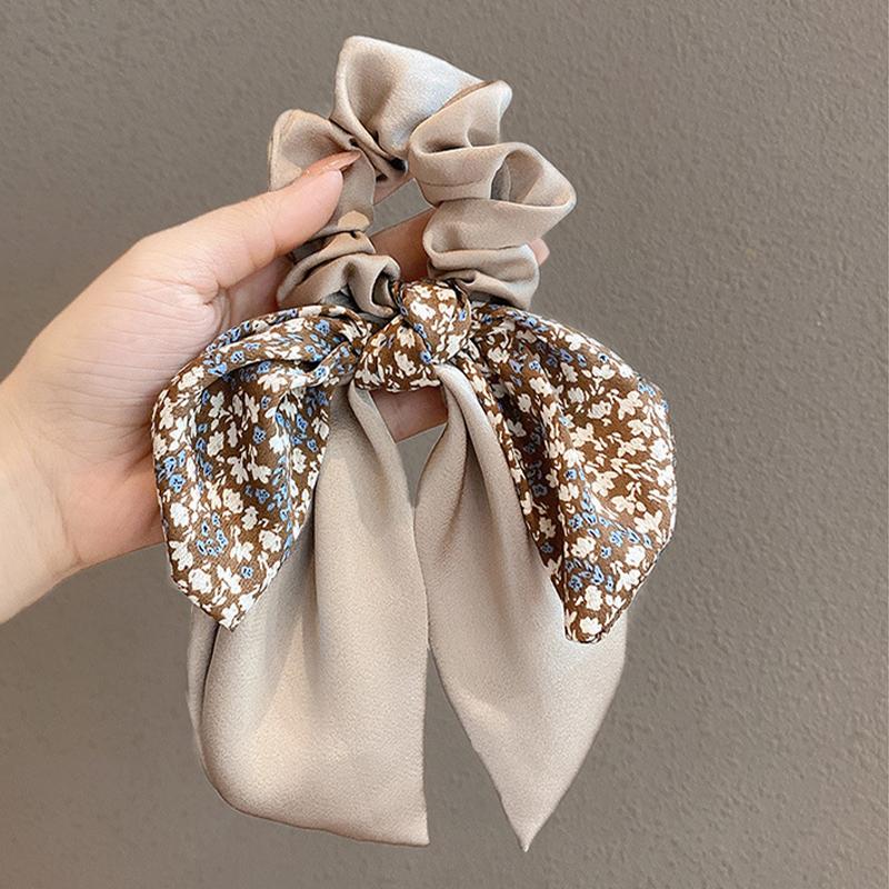 

Женские резинки для волос с бантом и лентой «конский хвост», резинки для волос с бантом и цветочным принтом, милая эластичная повязка для волос, аксессуары для волос бежевый