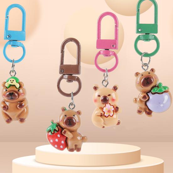 24/50Pcs Capybara Keychains Set Cartoon Resin Doll Charm Keychains Metal Key Ring
