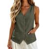 Women Sleeveless Linen Cotton Vest Top with Button Front V Neck Relaxed Fit Casual Summer Blouse Shirt with Pockets