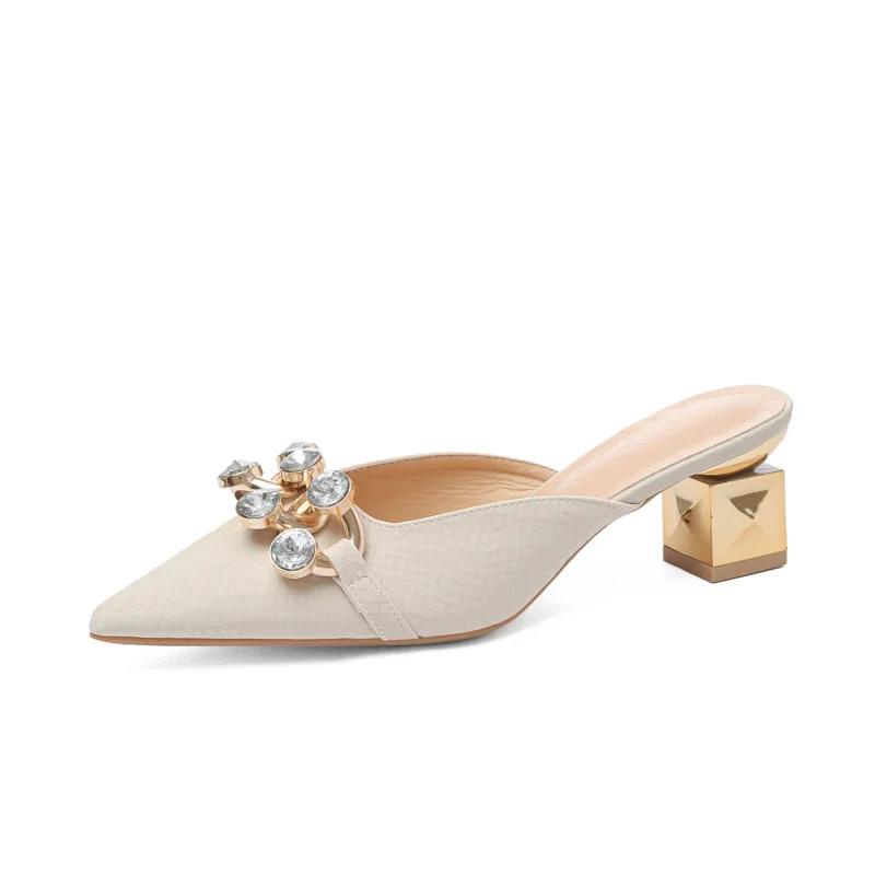 Women's Shoes On Sale 2024 Brand Autumn Women's Slippers Pointed Toe Metal Decoration Brilliant Diamond Chunky Heels Shoes Women