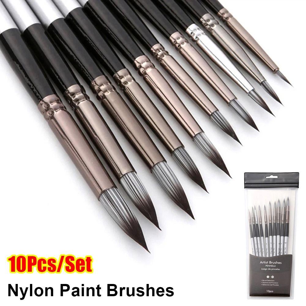 10Pcs/Set Wooden Handle Paint Brushes Nylon Drawing Kit  for Acrylic Oil Painting