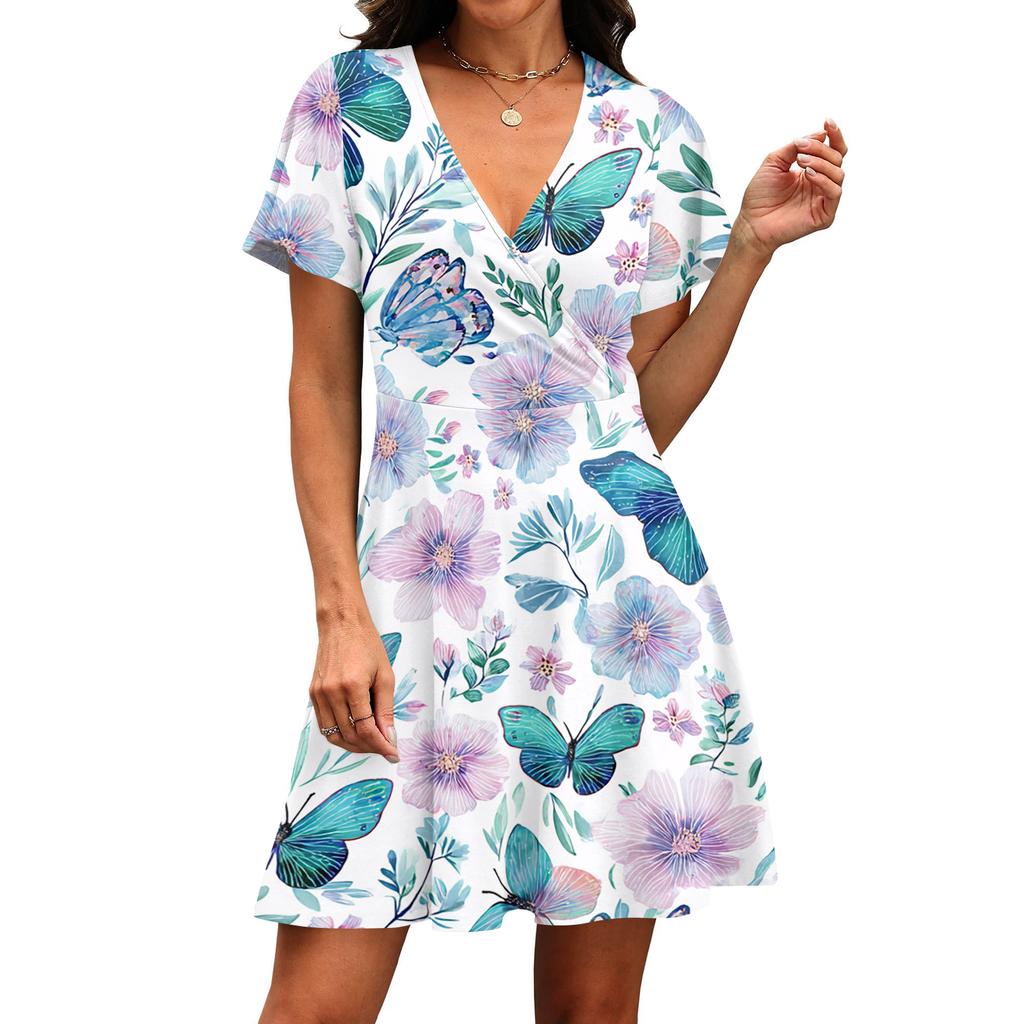 Women’s Short Sleeve V Neck Floral Print Dress with Asymmetrical Hem Casual Fit for Everyday and Vacation Wear