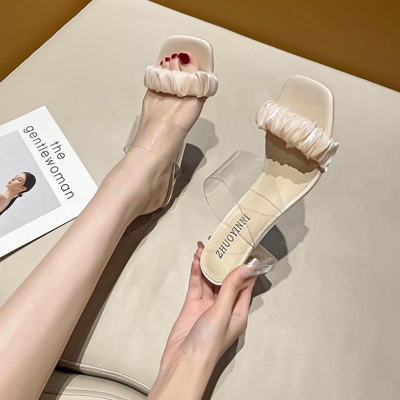 Internet Celebrity Slippers Women 2025 Summer New Versatile Crystal Transparent Thick Heel Fairy Wind High Heel Cool Slippers Ins Tide