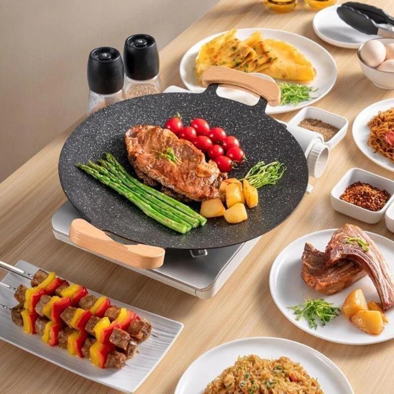 30CM Non-Stick Outdoor BBQ Grill Pan Beautiful Stovetop Baking Tray Korean Roasting Plate for Camping