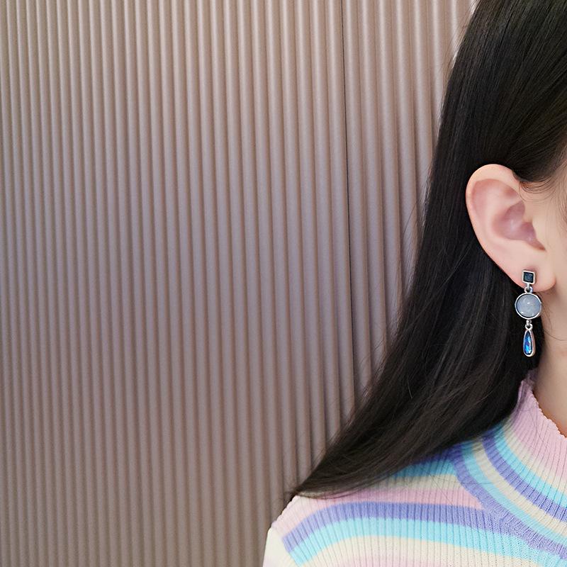 S925 Silver Needle Blue Water Drop Cat's Eye Stone Morandi Crystal Geometric Stud Earrings