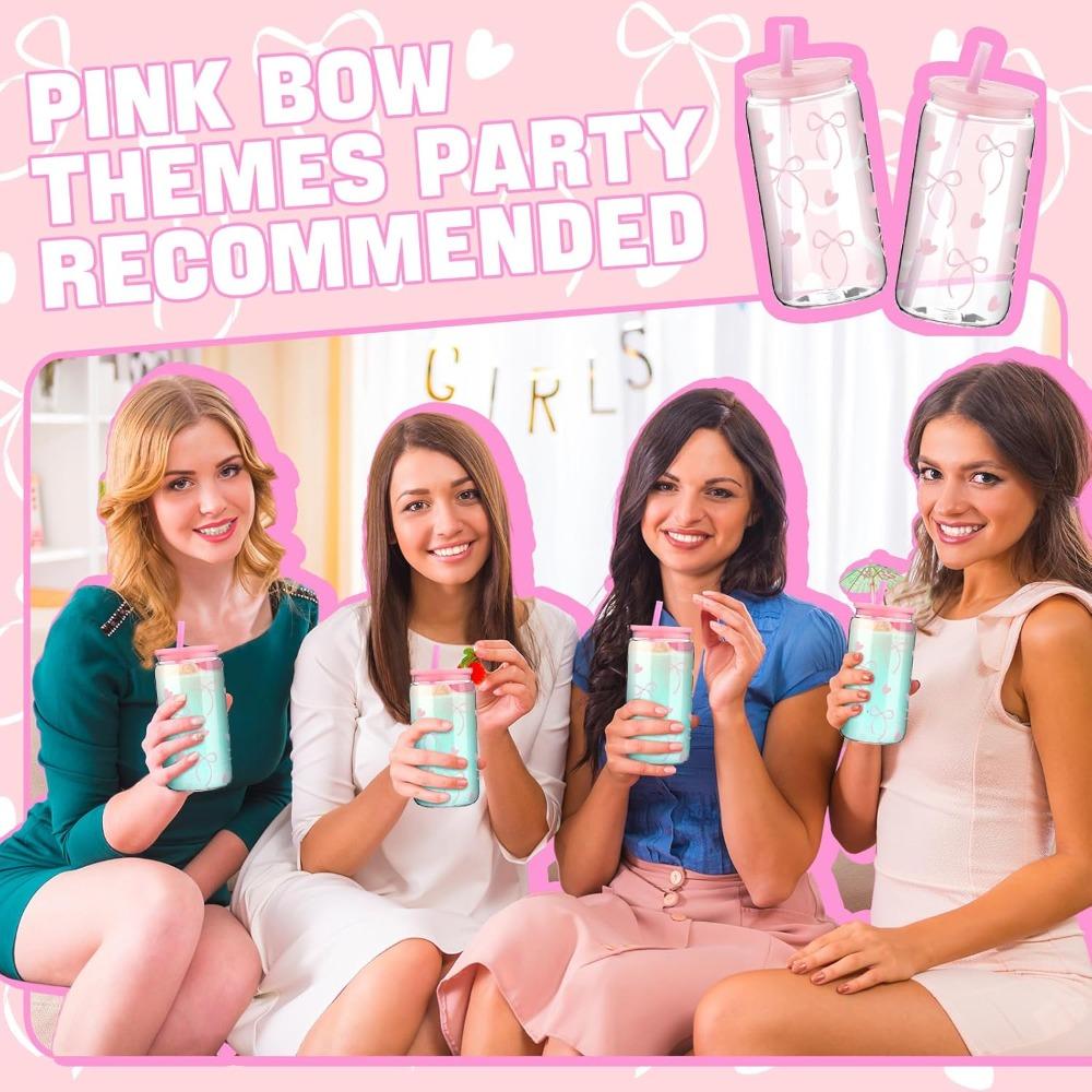 1 Stück Mode 16oz Pinke Schleife Plastik Thermobecher mit Deckel und Strohhalm, Perfekt für Eiskaffee, Ideales Geschenk für Frauen und Schwestern
