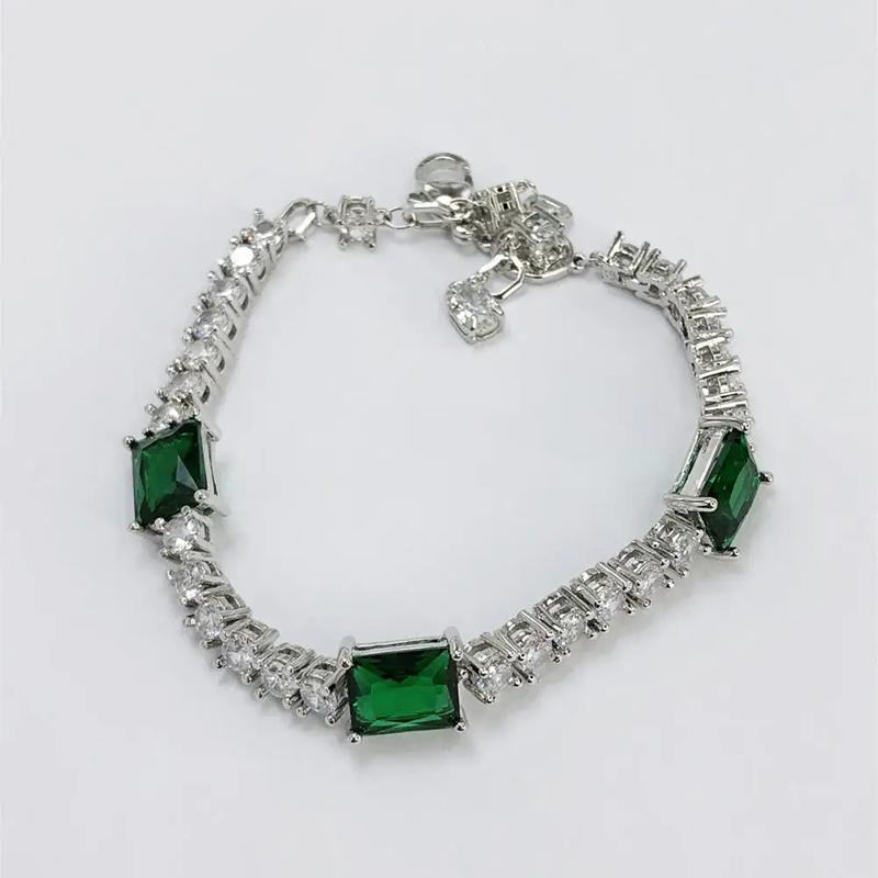 Silver Emerald Square Zircon Tennis Chain Bracelet with Three Emerald Stones, Women's Adjustable Luxury Handpiece