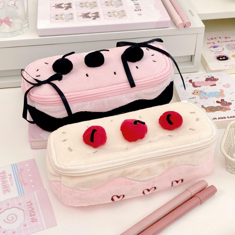 1 Piece Kawaii Schoolgirl Pencil Case Cute Cherry Cake Dessert Stationery Organizer Bag Portable Large Capacity Furry Pen Holder