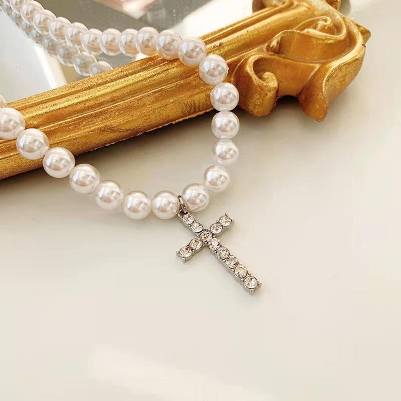 Vintage Artificial Diamond for Cross Pendant Necklace Wedding White Pearl Necklace Round Imitation Pearls Chain Necklace