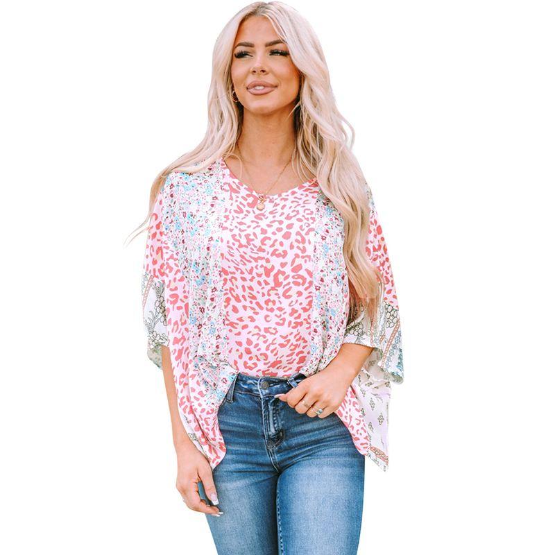 

Summer Thin Fashion Sleeve Chiffon Shirt Women Loose New Slim Looking Leopard Print Floral Contrast Color Pullover Top Women Flower color Size L fit (65.00 kg-72.50 kg