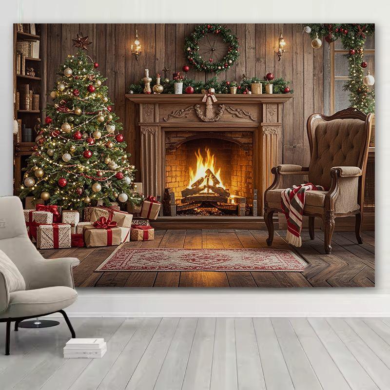 Christmas Fireplace Double Tree Wall Tapestry Mantel Wreath Stocking Gift Box Snow Flame Cozy Holiday Festive Decor Soft
