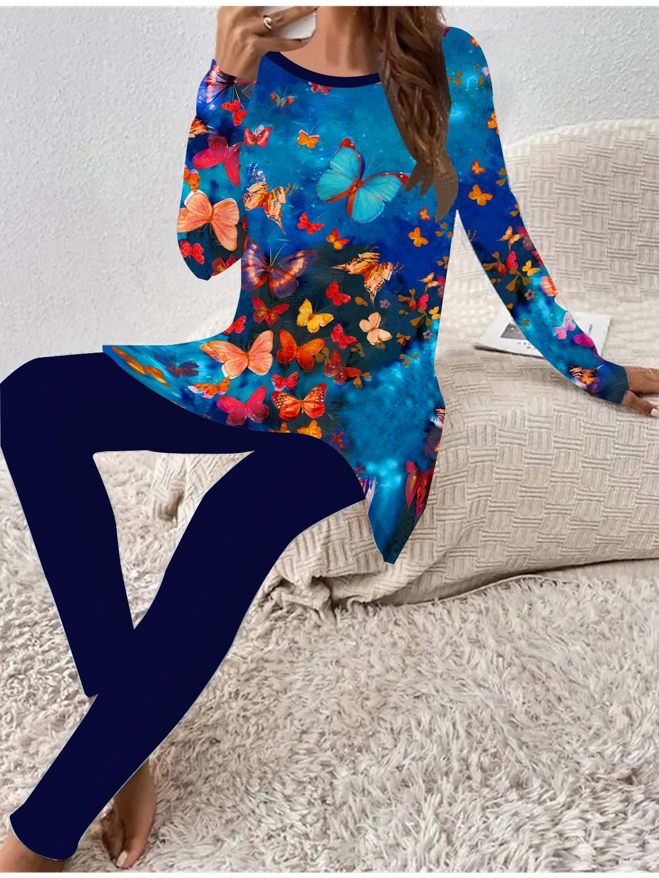 

Euro-American Fashion 3D Butterfly Printed Women s Four-season Long-sleeved T-shirt + Long Pants Two-piece Set. Perfect Gift for New Year & Christmas 8XL темно-синього кольору