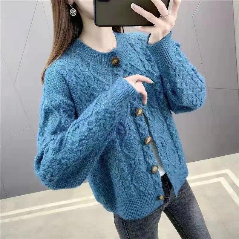 Solid Color Twist Knitted Cardigan Women's Spring Autumn Short Ladies Sweater Coat Korean Elegant Long Sleeve Tops