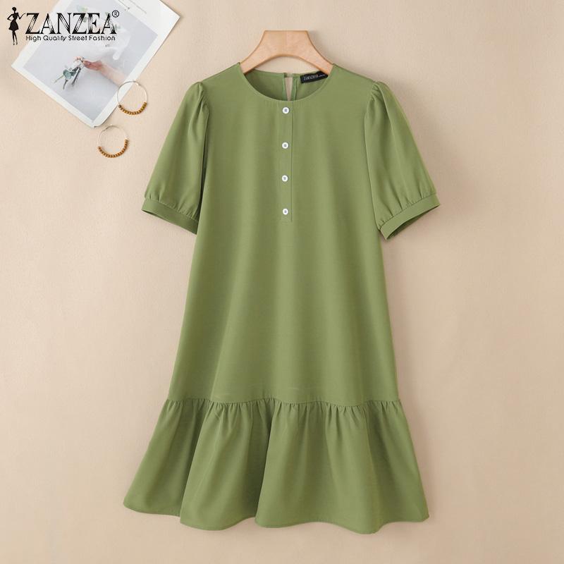 ZANZEA Women Casual Round Neck Solid Color Summer Short Sleeve Dress
