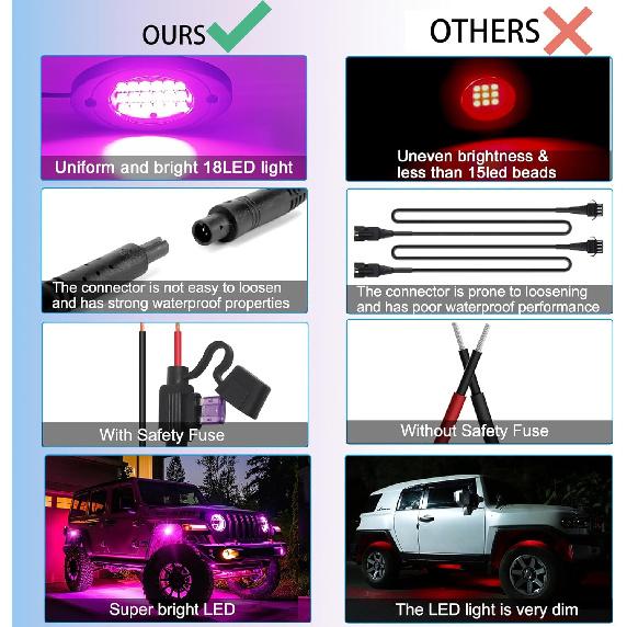 4 Pods RGB LED Rock Lights, Underglow Multicolor Neon Light Kit, Wheel Well Light With APP Control & Music Mode, Under Glow Lights For