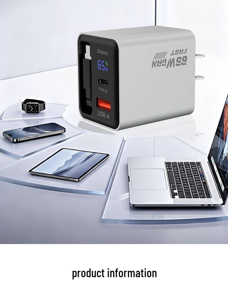 65W GaN Fast Charger with Digital Display, Retractable Type-C Cable, and Multi-Port Compatibility for Apple and Android Devices.