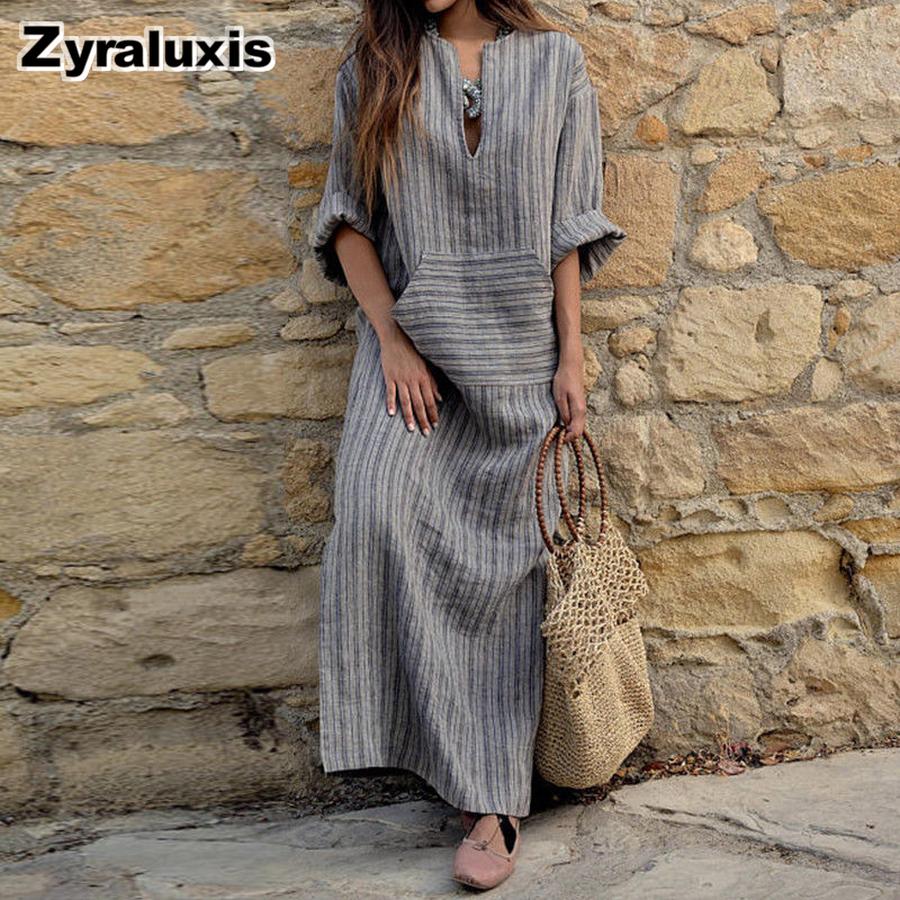 Trendy New Cotton Linen Color Striped Loose Long Dress