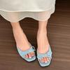 Fashion Summer New Butterfly Knot Small Heel Slippers Square Toe Open Toe Temperament Non-Slip Kitten Heel Slippers
