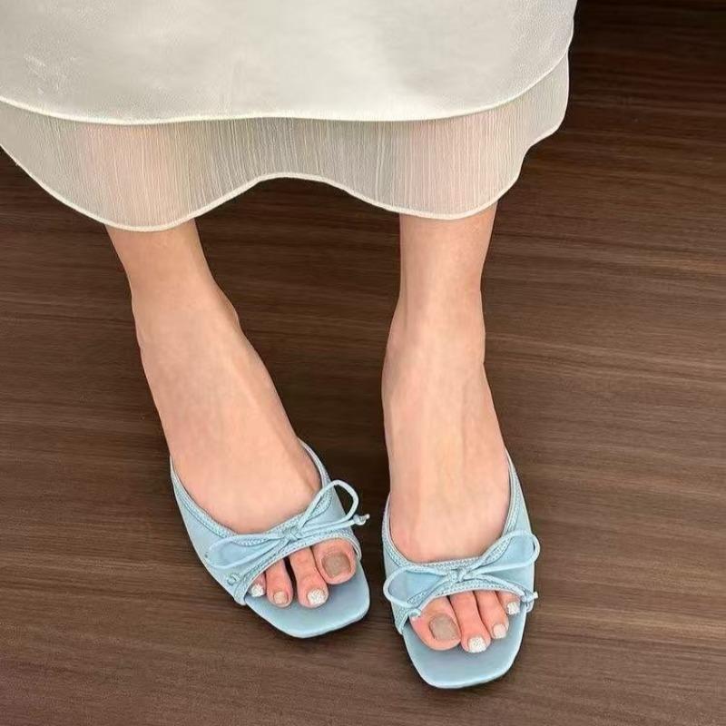 Fashion Summer New Butterfly Knot Small Heel Slippers Square Toe Open Toe Temperament Non-Slip Kitten Heel Slippers
