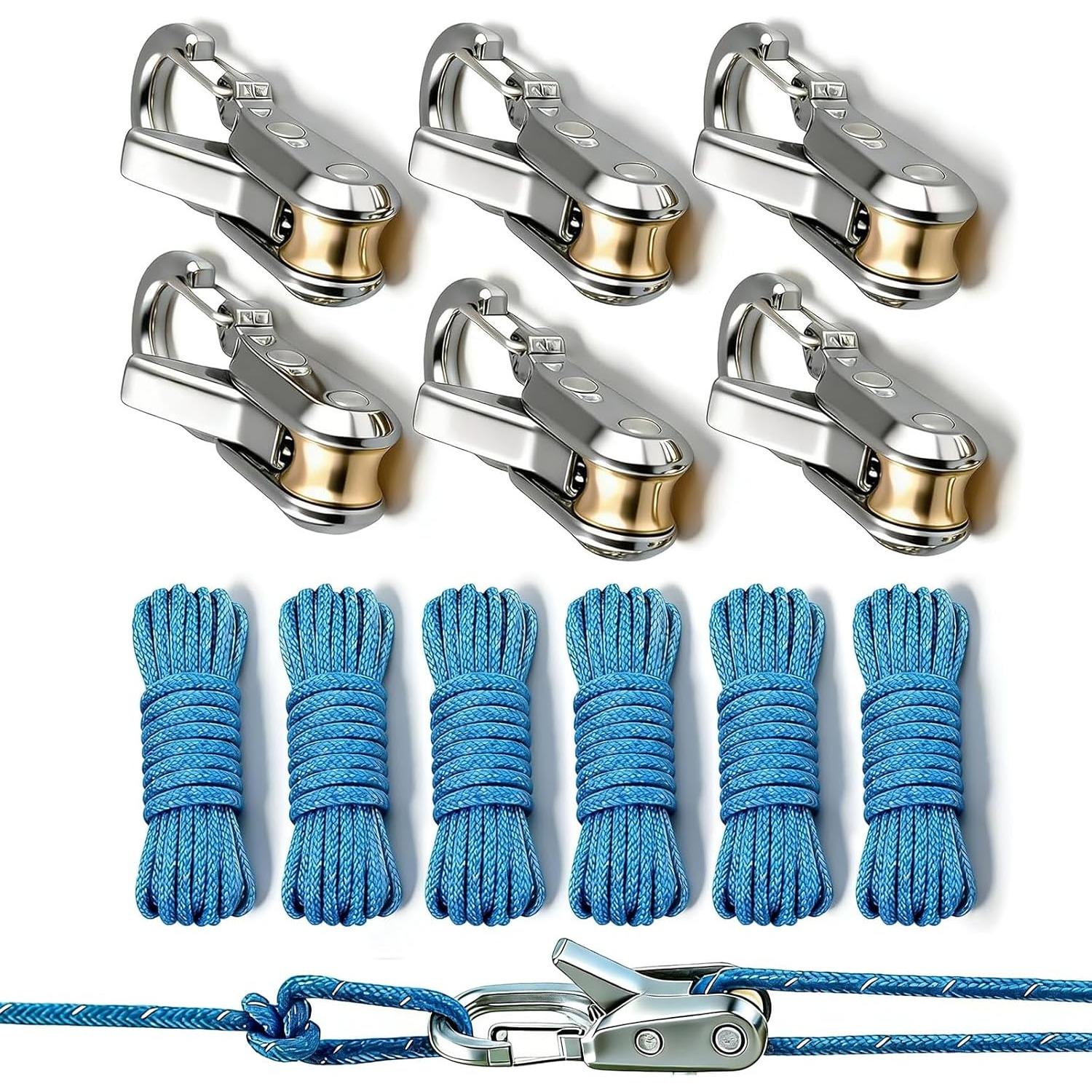 Rope Tightening Tool & Tensioner, 6 Pack Stainless Steel Cord Tightening Tool with Roller Cam Buckle, Heavy Duty Retractable Buckle Rope Roller 6PCS