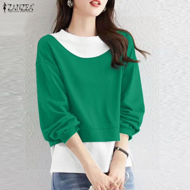 ZANZEA Women Casual Round Neck Long Sleeve Splice Pullover Blouse Autumn