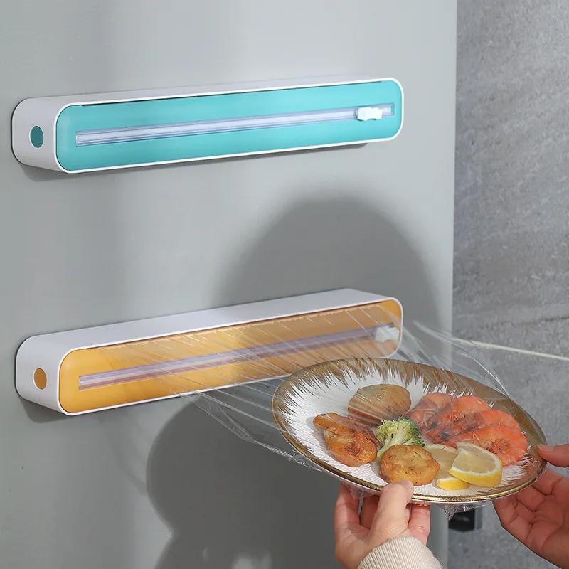 Food Film Dispenser Magnetic Plastic Wrap Dispenser with Cutter Storage Box Aluminum Foil Stretch Film Cutter Storage Holder