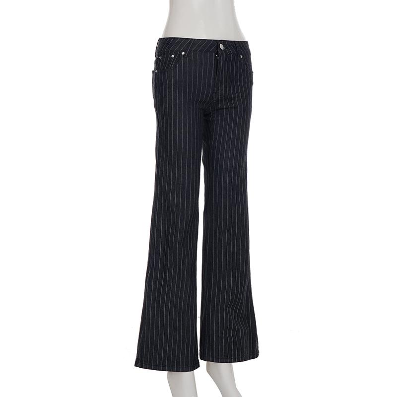 Clothes Y2k Low Rise Boot Cut Jeans Woman Casual Black Striped Denim Trousers Streetwear Flare Pants