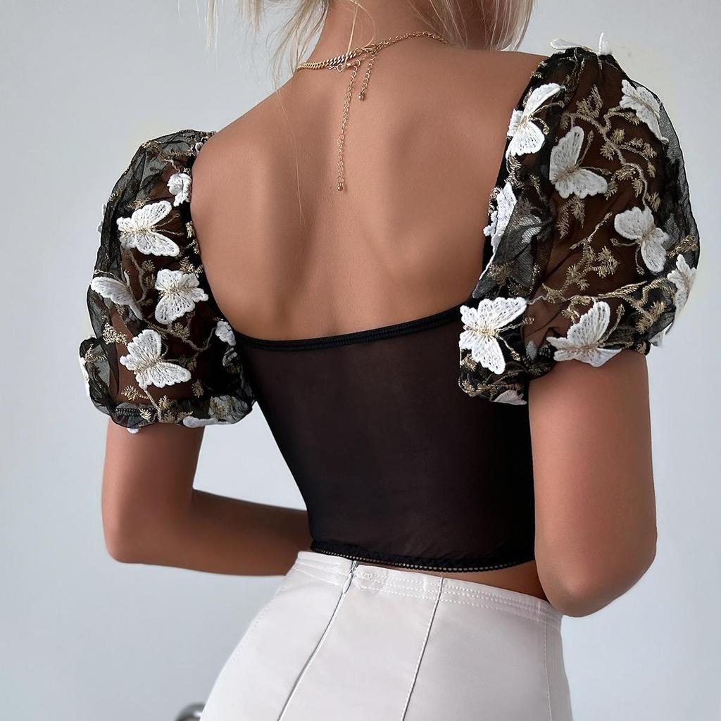 Casual V-Ausschnitt Shirt Mesh Kurzarm Crop Top Frauen bestickt ButterflyT-shirt rückenfreie Tank Top schlanke weibliche Crop Top Mode T-Shirt Y2k
