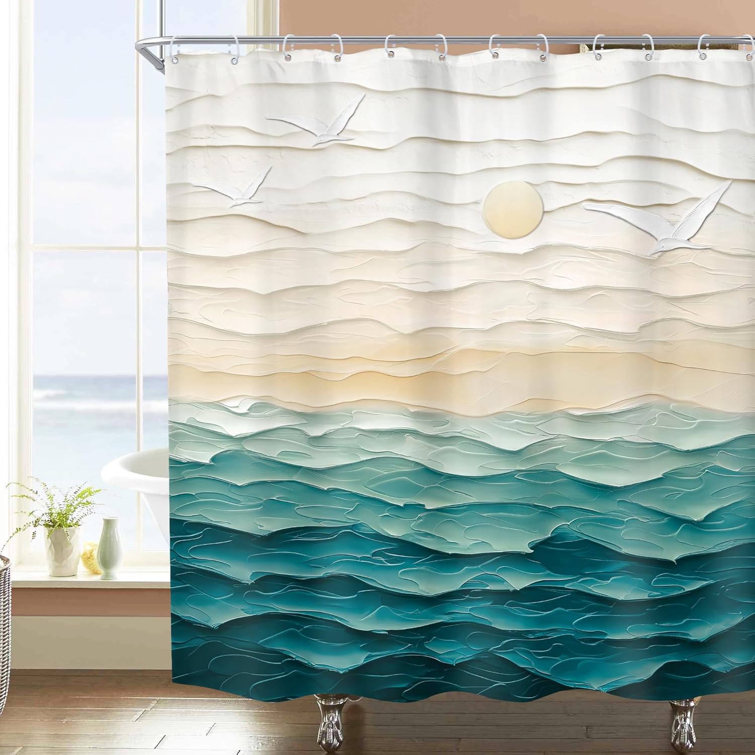

Abstract Blue Beach Shower Curtain Oil Painting Ocean Sea Wave Pink Yellow Sunset Sunrise Summer Hawaii Scenery Nature Fabric W60H190(CM)-1 Pcs