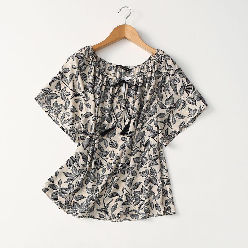 Foreign Trade Original Order Export Plus Size Women's Clothing Retro Print Loose Slimming Lace-up Short-Sleeved Chiffon Shirt Doll Shirt