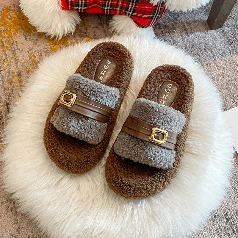 2025 new wool shoes women's winter wear soft-soled slippers lamb wool belt buckle velvet warm women's shoes