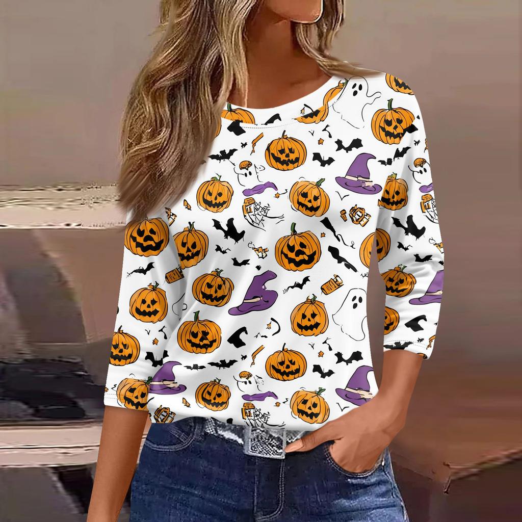 Women's 3/4 Sleeve Loose Fit Casual Shirt Round Neck Halloween Print T-Shirt Top for Everyday Wear