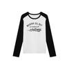 2026 Spring/Summer Women's Black & White Patchwork Raglan Long Sleeve Tee - American Style Print, Loose Fit, Color Block Trendy Top