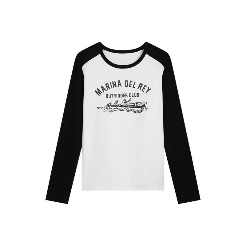 2026 Spring/Summer Women's Black & White Patchwork Raglan Long Sleeve Tee - American Style Print, Loose Fit, Color Block Trendy Top
