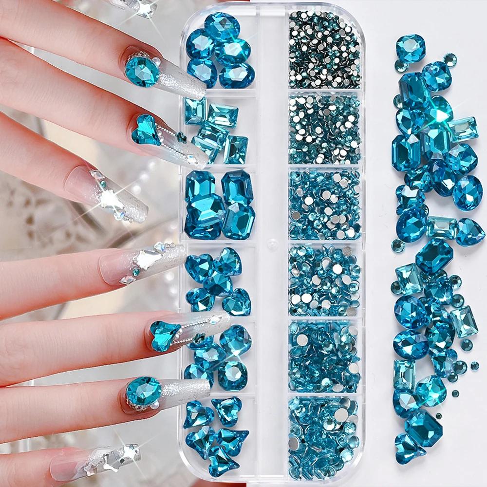 180pcs AB Flatback Glass Nail Art Rhinestones Multi-shape Mixed Diamond Gems Blue Purple Crystal Stones For DIY Nail Decoration