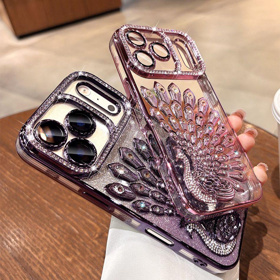 Luxury Plating Peacock Glitter Diamond Phone Case for 17 Pro Max Air 17 Pro 16 15 14 13 Soft Clear TPU Lens Film Cover