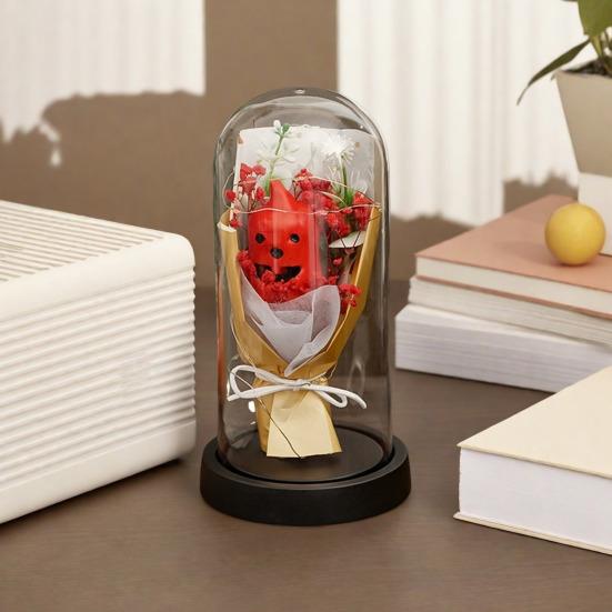 LED Clear Dome Pumpkin Night Light Halloween Light-up Pumpkin In Cloche with Artificial Flower for Home Kitchen Mantel Party Decor