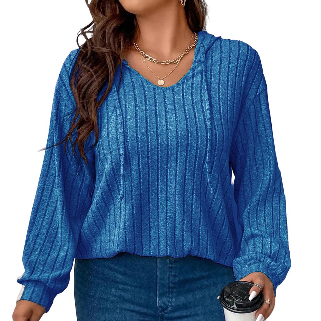 Women's V-Neck Long Sleeve Pullover Hoodie Color Loose Fit Ribbed