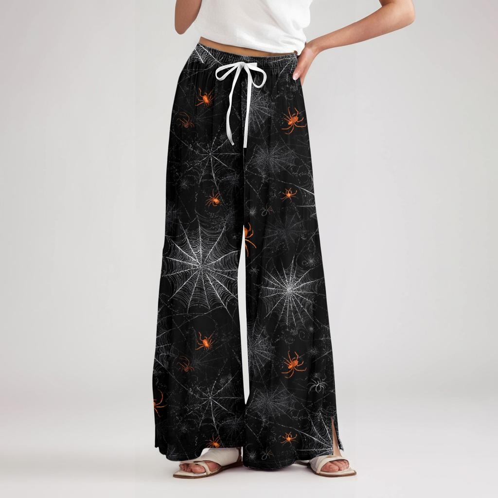 Ladies' Loose And Casual Halloween Printed Wide Leg Pants With Elastic Waistband Drawstring And Pocket Pants