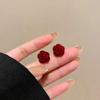 2024 D Retro Wine Red Velvet Rose Pearl Earrings: Hong Kong Style, Autumn/Winter Trend